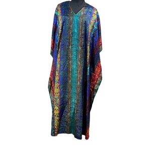 Sante Classics Womens Multi Color Geometric Floral Satin Caftan Gown Free Size